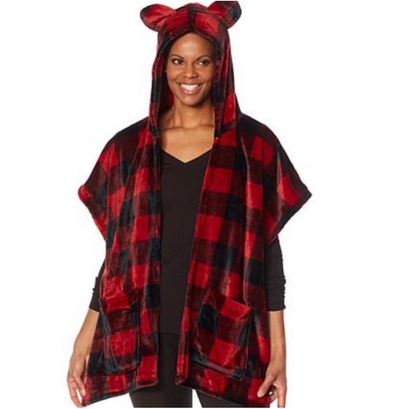 Wearable Animal Hooded Wrap Blanket Soft & Cozy Plaid Open Shawl W/Pockets New - Picture 3 of 16